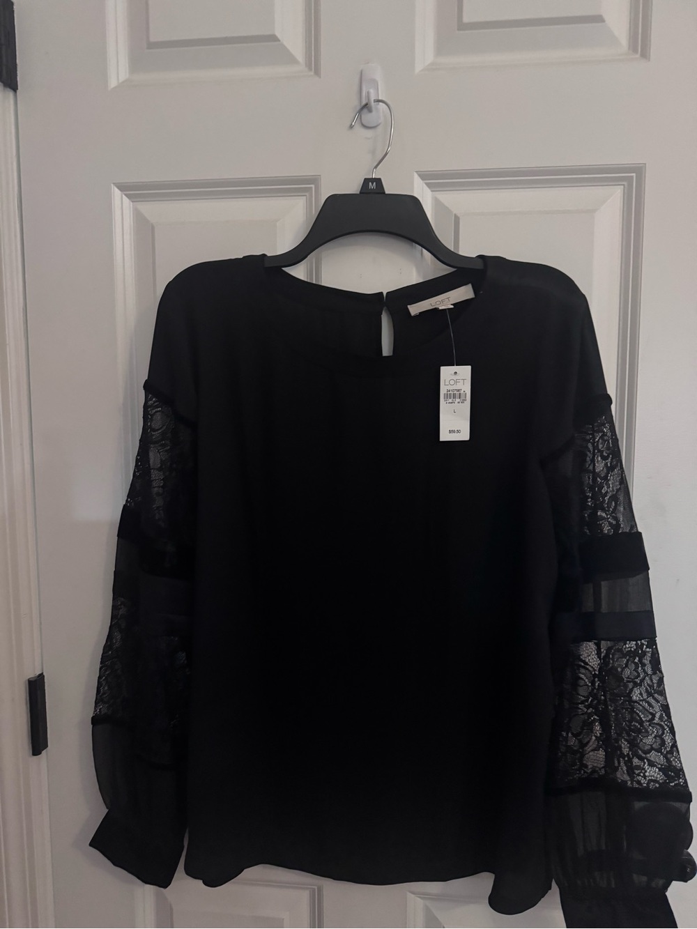 LOFT Black Lace-Panel Long Sleeve Blouse